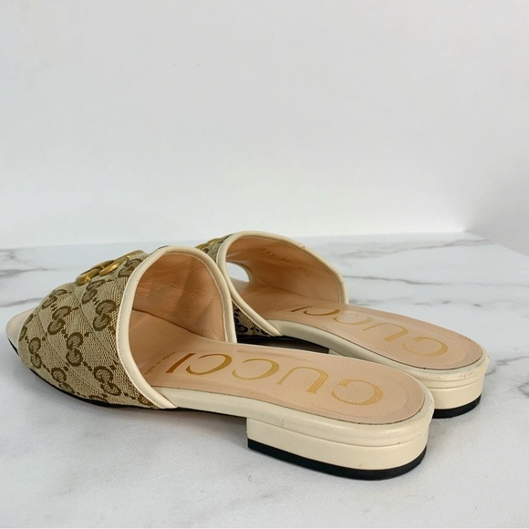 GUCCI Monogram Matelasse GG Marmont Flat Slide Sandals Beige Ebony Mystic White - Picture 9 of 15